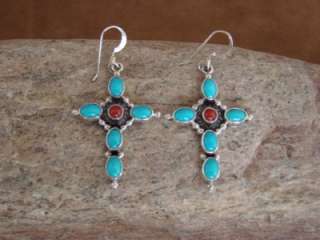 Navajo Indian Turquoise & Coral Cross Dangle Earrings  