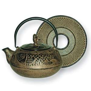  Gold Cast Iron Gold Fish Teapot with Trivet, 20 Oz 