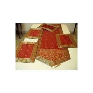  Rust Tablerunner and Placemats set Sari fabric with gold 