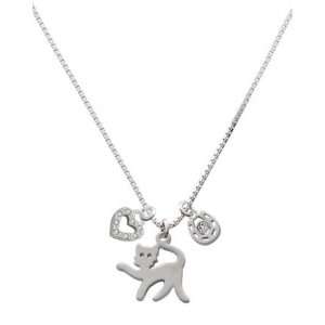  Silver Arching Back Cat, Love, and Luck Charm Necklace 