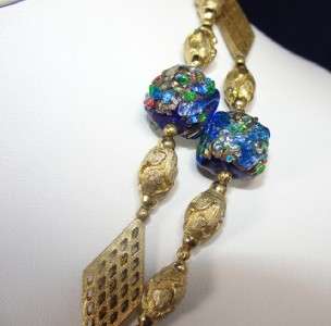   Blue Venetian Copper Foil Bohemian Glass Bead Gold Necklace  