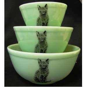 Jadeite Green Milk Glass Nesting Mixing Bowls Sitting Cat Design 
