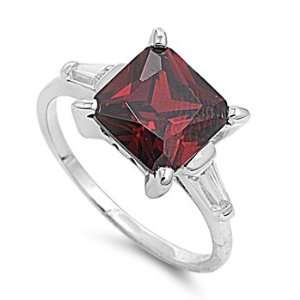 Rhodium Plated Sterling Silver Red Garnet Colored Solitaire Cz Ring 