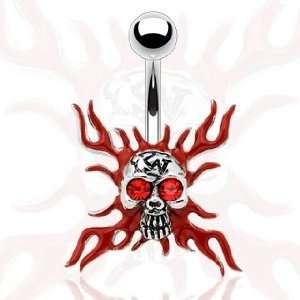  Flaming Skull Belly Button Navel Ring Jewelry with Red Gem Eyes 