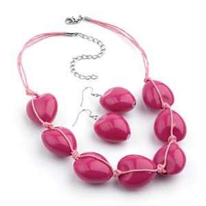 Raspberry Heart Resin Cotton Cord Necklace & Drop Earrings Set (Silver 