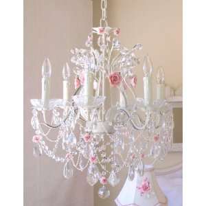  6 Light Crystal Chandelier with Pink Porcelain Roses