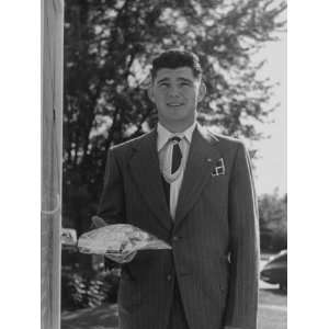  Teenage Boy Wearing Pinstripe Suit and Standing in Doorway 