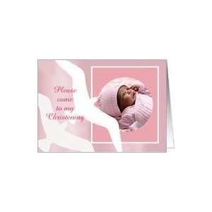  Invitation to Christening, white birds, pink, photo frame 