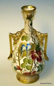 Antique Royal Bonn Mehlem 12 Vase Berries w Blue Birds  