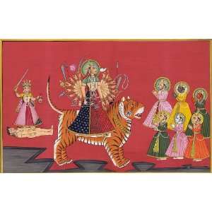 Gods Paying Homage to the Eighteen armed Durga   Water Color Painting 