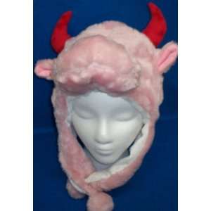 Pink Bull Red Horns Animal Hat Warm Plush Fleece Winter Ski Cap Ear 