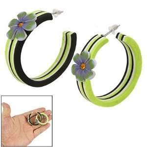 Como Polymer Clay Flower Decor Green White Black Striped Hoop Earrings 