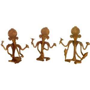  Set of Three Tribal Musical Ganeshas   Brass Sculpture 