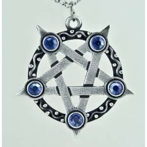   Pentagram Necklace Blue Stones Gothic Black Metal Occult Satan Witch