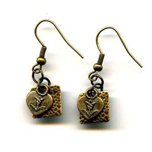  Brass Drop Earrings with Tiny Flower Heart Charm Jewelry