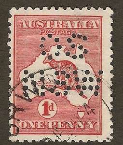 1913 Australia 1d Red Roo / Kangaroo NSW OS Official Punctured Perfin 