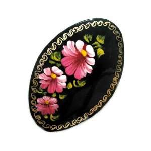  GreatRussianGifts Three Flowers Oval Lacquer Broach   Pink 