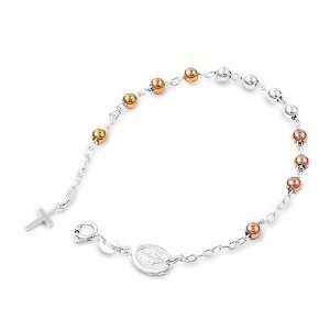  Sterling Silver Two Tone Beads Rosary Bracelet 3MM x 7.5 