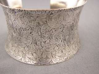 Antiqued Silver tone metal bangle cuff 1.5 wide bracelet floral 