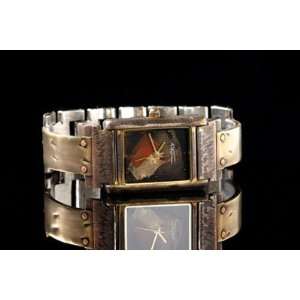 Womens Ladies Watch Large rectangular case. Copper trim (brushed and 
