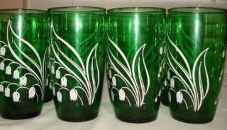 VINTAGE EMERALD FOREST GREEN LILY OF THE VALLEY GLASS WATER TUMBLERS 