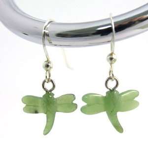  Hand Carved Nephrite Jade Dragonfly Earrings w/ Wooden 