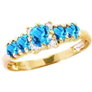   Yellow Gold Five Stone Gem and Diamond Ring Swiss Blue Topaz, size7.5