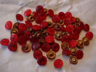 68 Small Vintage Ruby Glass Textured BUTTONS with Brass Color Backing 