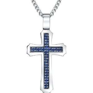   Steel Cross With Blue Carbon Fiber Inlay 24 Curb Chain Jewelry