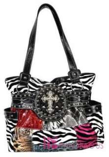 Western Patent Big Crystal Zebra ANGEL WING CROSS Tote Bag Handbag 
