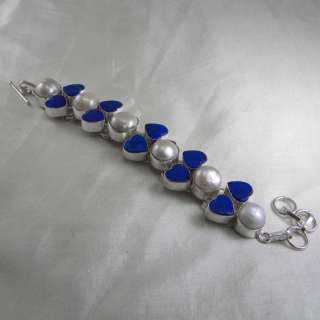Awesome Lapis Lazuli, Biwa Pearl Silver 925 Bracelet  