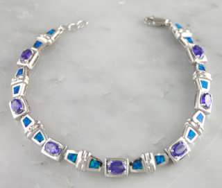 Sterling Silver Blue Opal Amethyst CZ Inlay Tennis Link Bracelet 