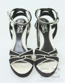   Ferragamo Black Canvas And White Leather Wedge Heels Size 6C  