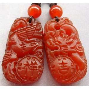  Pair Red Agate Gem Dragon Phoenix JI XIANG Amulet Pendant 