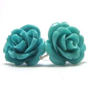 15mm coral carved rose flower earring pair blue