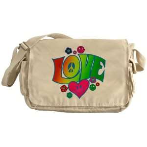  Khaki Messenger Bag Love Peace Symbols Hearts and Flowers 