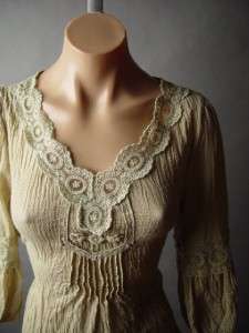   Crochet Lace Soft Cotton Peasant Style Medieval Top Blouse fp Tunic M