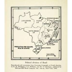  1943 Print Brazil South America Population Map Political 