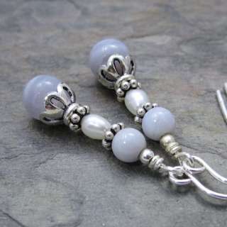 Blue Lace Agate & Cultured White Pearl Sterling Silver Bali Beaded 