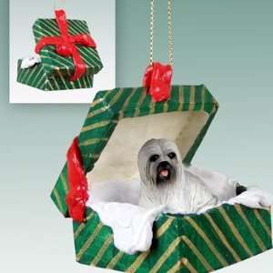    Lhasa Apso Green Gift Box Dog Ornament   Gray