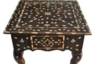 Syrian Mother of Pearl Inlaid Wood Coffee or End Table with drawer 