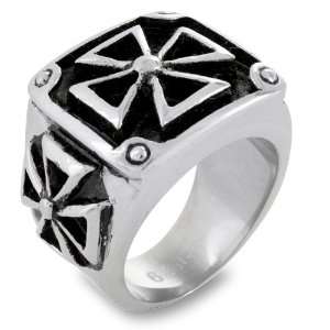  Large Stainless Steel Maltese Cross Square Ring with Black 