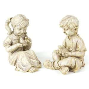  Boy and Girl with Turtle and Bird Sculpture, Set of 2 