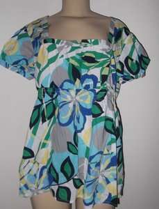 Womens XL Blue Green Yellow Design Short Sleeve Cotton Shirt  