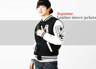 korea_pop NY LA Supreme leather sleeve wool varsity letterman jacket 