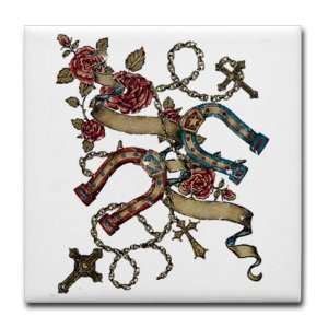  Tile Coaster (Set 4) Horseshoes Roses and Crosses 