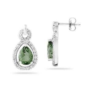  Pear Shaped Green Amethyst and Diamond Earrings in White 