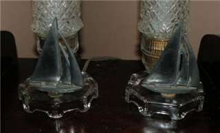 PAIR ART DECO Rare Glass Sailboat Bullet Boudoir Lamps  