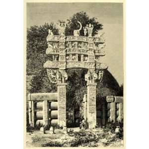 1878 Wood Engraving Gate Sanchi India Architecture Sculpture Stupa 
