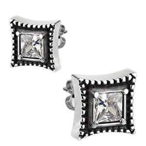  Spikes 316L Surgical Stainless Square Princess Cut CZ Stud 